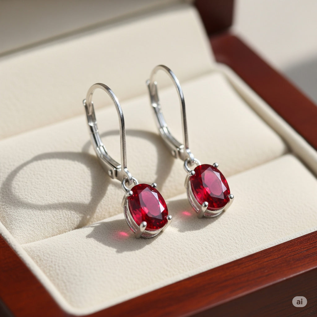 Luxureen Oval Cut Lab Ruby Dangle Earrings