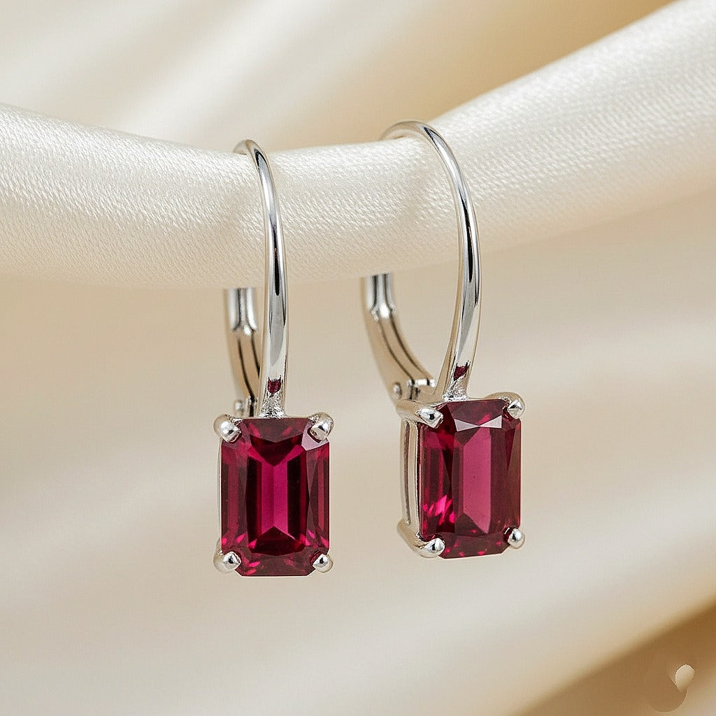 Luxureen Emerald Cut Lab Ruby Dangle Earrings