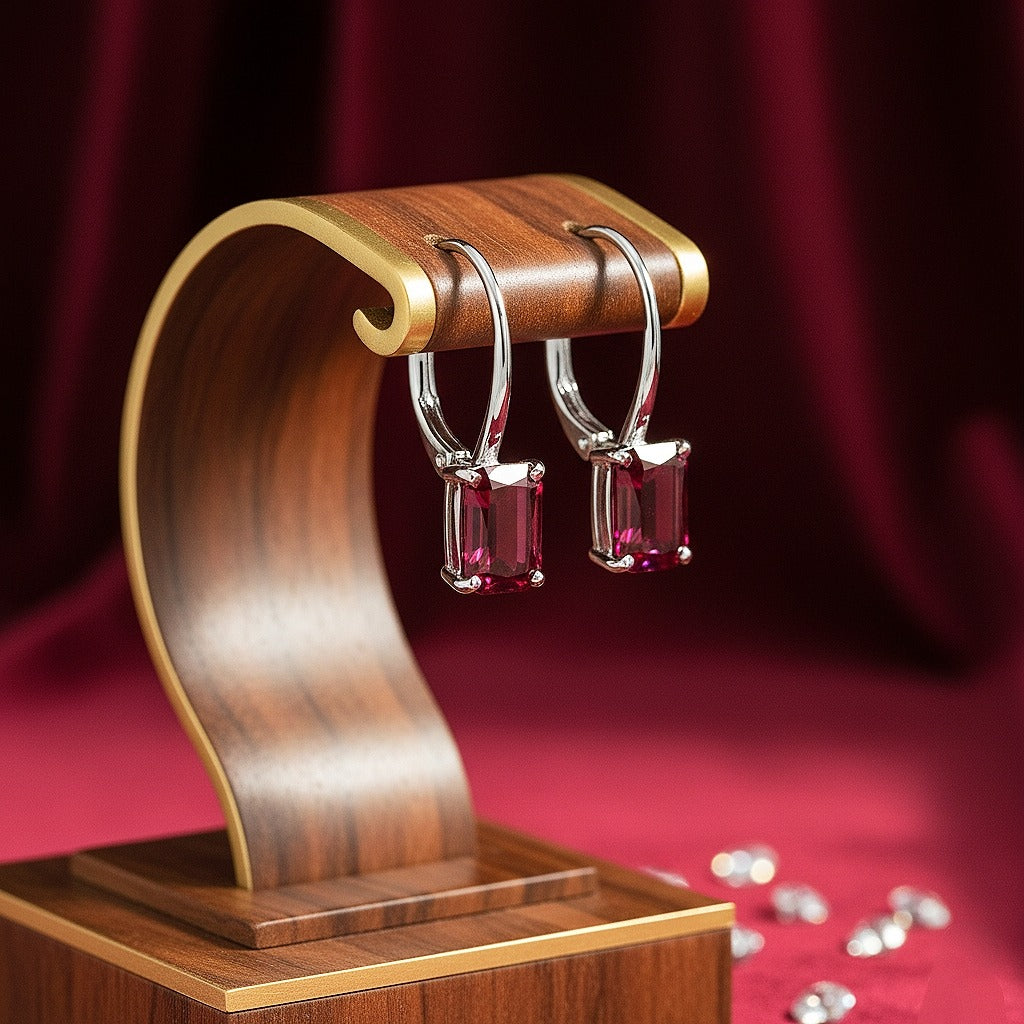 Luxureen Emerald Cut Lab Ruby Dangle Earrings