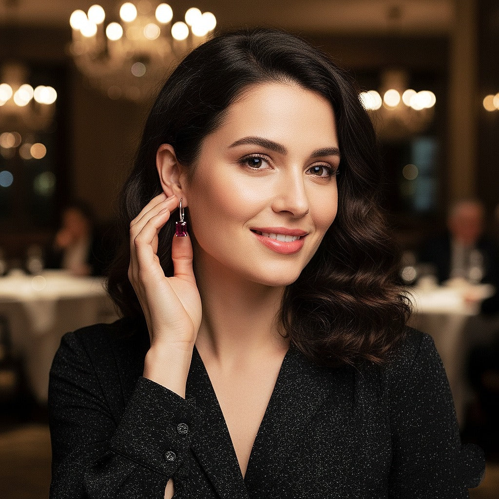Luxureen Emerald Cut Lab Ruby Dangle Earrings