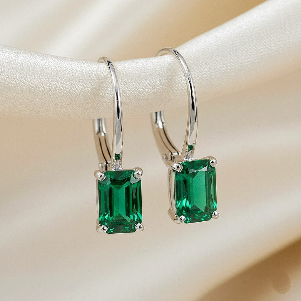 Luxureen Emerald Cut Lab Emerald Dangle Earrings