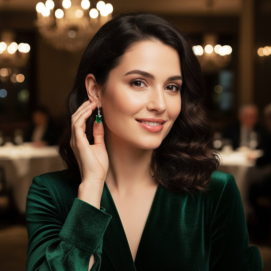 Luxureen Emerald Cut Lab Emerald Dangle Earrings