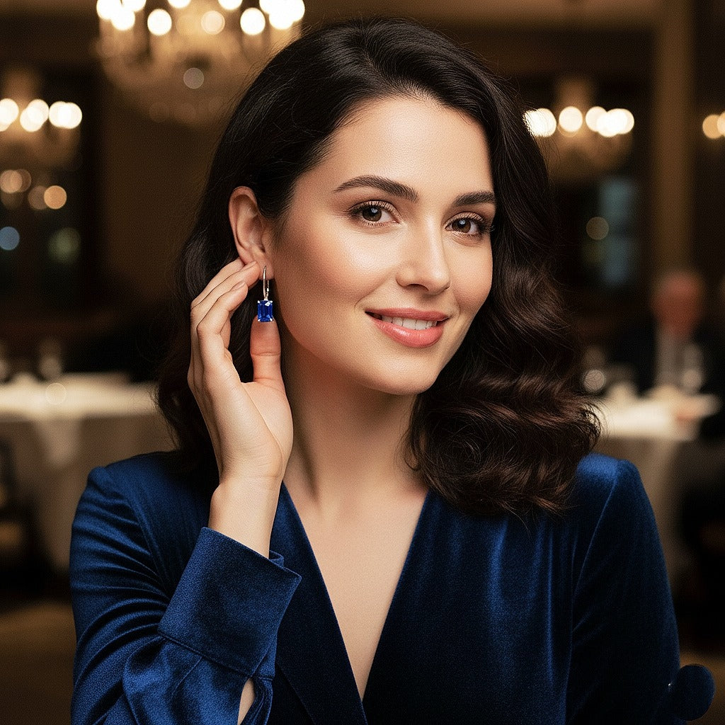 Luxureen Emerald Cut Lab Sapphire Dangle Earrings